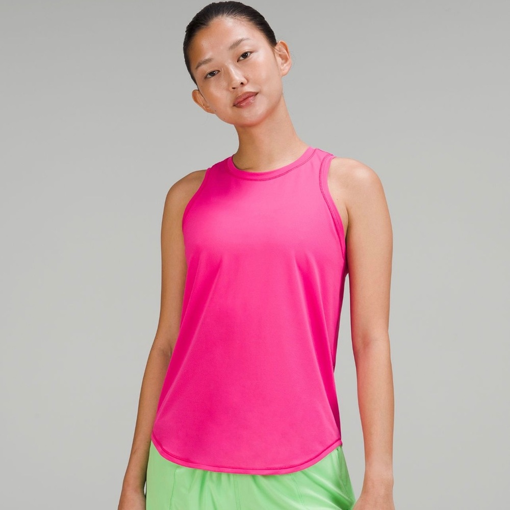 Lulu high neck training top in sonic pink! Currently sold out on Lulu.com